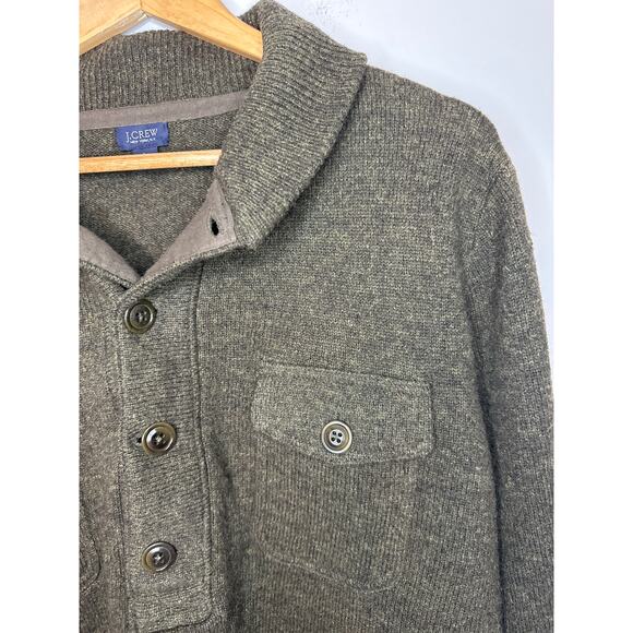 J Crew 100% Lambswool Sweater Collar Button Chest Pockets Size Large Green - Picture 2 of 8